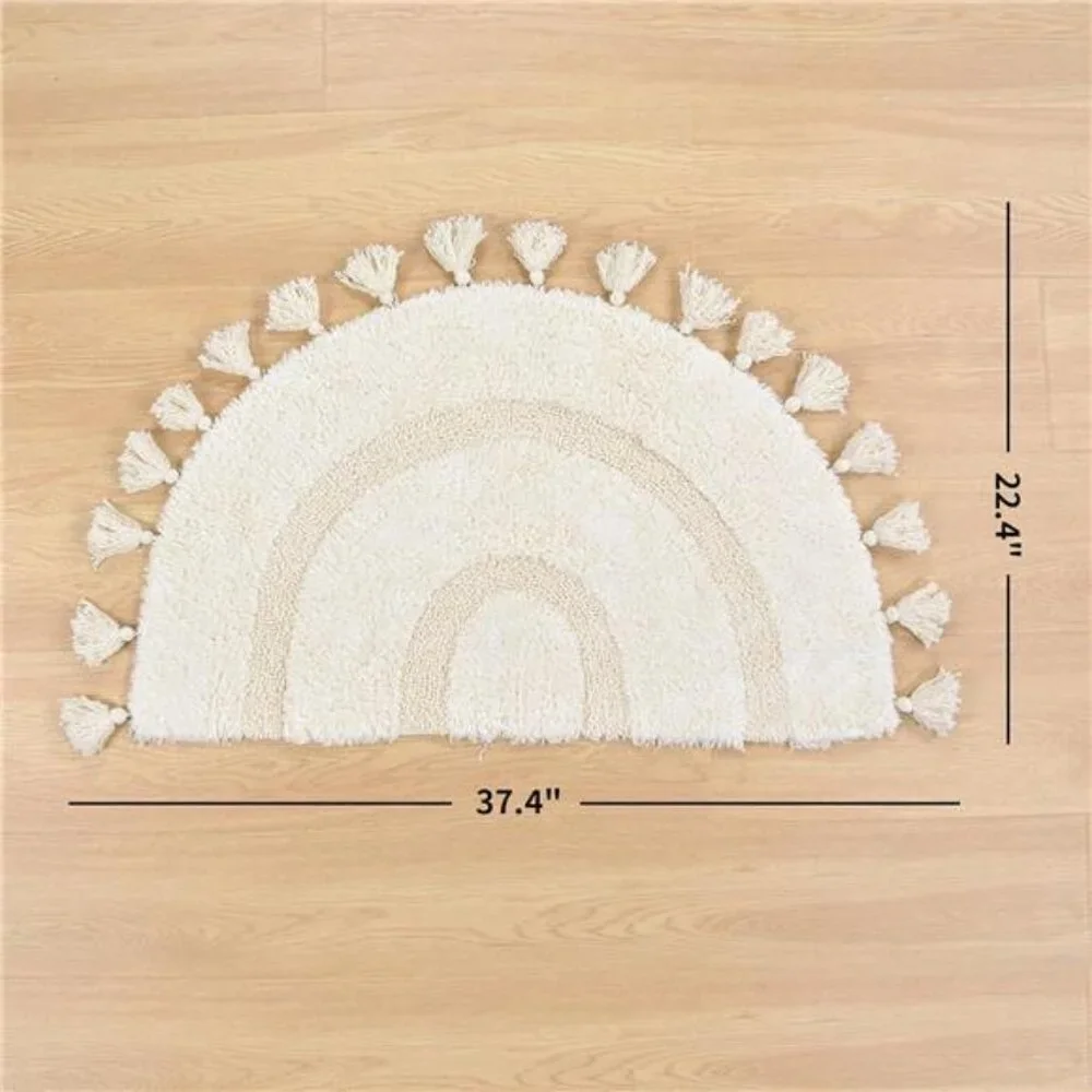Half Circle Boho Bathroom Rugs with Tassels 100% Cotton Hand-Woven Bath Mat